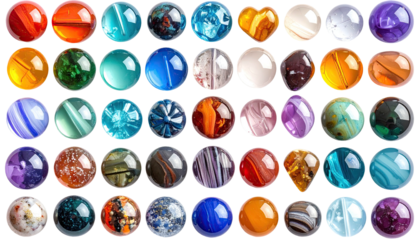 Assorted vibrant, translucent, spherical and heart-shaped gemstone beads