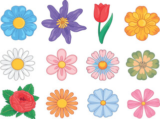 Set of twelve different colorful flower heads including rose, daisy, and tulip, spring nature collection