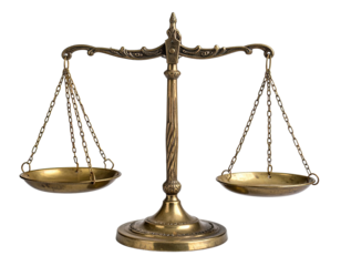 Ornate bronze balance scale, perfectly centered on a black backdrop