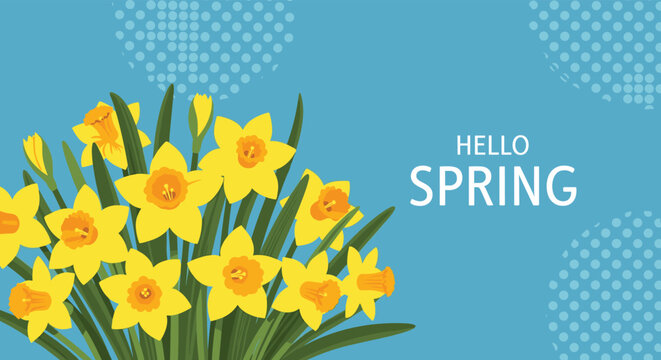 Hello Spring banner with a vibrant bouquet of yellow daffodil flowers and abstract dotted patterns on a bright blue background for the season.