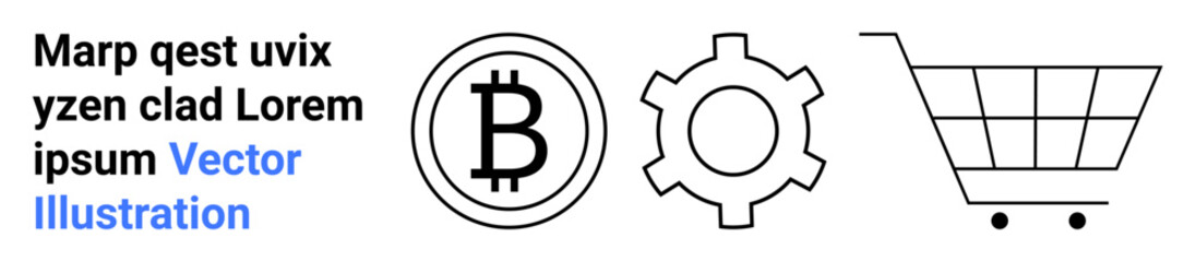 Bitcoin coin symbol, a gear for settings or technology, and a shopping cart icon for e-commerce ideas. Ideal for cryptocurrency, fintech, e-commerce strategy, tech development, business, online © robu_s