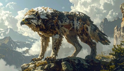 Majestic Wolf Standing on Rocky Outcrop with Snowy Mountains.