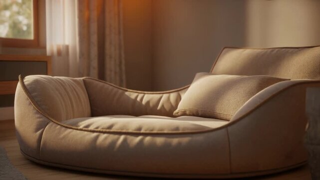 3D animation of an empty dog bed placed in a cozy living room. Detailed fabr
