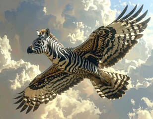 Zebra with wings flying through cloudy sky.