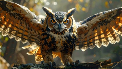 Majestic Owl with Spread Wings in Natural Habitat.