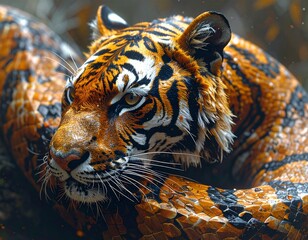 Tiger curled up in a resting position with vibrant orange and black stripes.