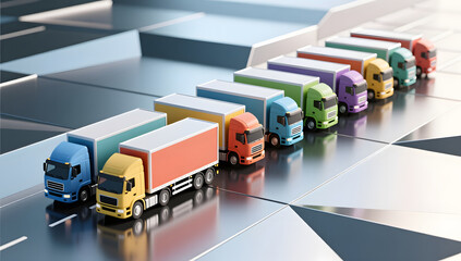 Colorful truck fleet illustrating structured logistics management