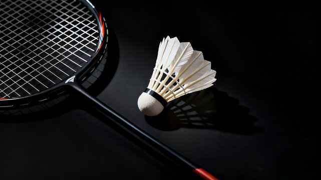 Close-up shot of a black badminton racket with white strings and a white feather shuttlecock, arranged on a dark, smooth surface. Dramatic lighting highlights the textures of the equipment. 