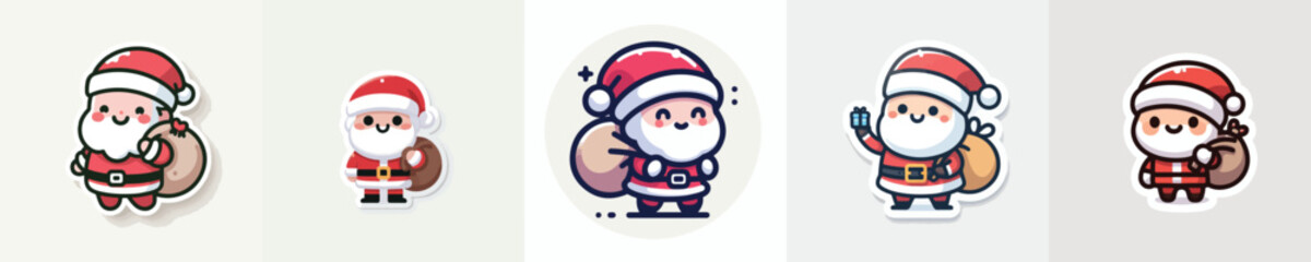 Santa Claus sticker carrying a small gift sack on his shoulder. Vector, minimalist, illustration, icon set.