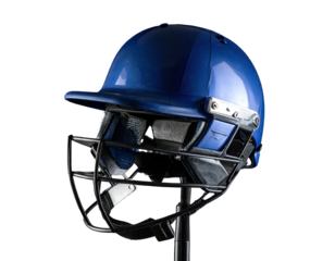 Close-up of a glossy blue helmet with a face guard on black