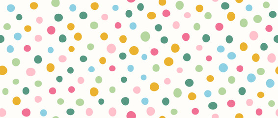 Bright birthday polka dot seamless pattern. Colorful repeated round confetti background. Cute dotted wallpaper for Easter wrapping paper, birthday decoration design, kid bday nursery decor. Vector © vika_k