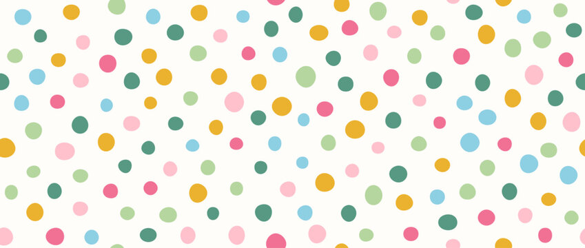 Bright birthday polka dot seamless pattern. Colorful repeated round confetti background. Cute dotted wallpaper for Easter wrapping paper, birthday decoration design, kid bday nursery decor. Vector