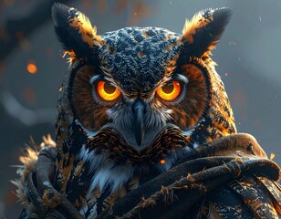 Majestic owl with piercing orange eyes and sharp talons.