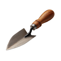 A close-up of a garden trowel with a wooden handle. or transparent background