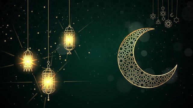 Animation of ramadan night with lantern and moon decoration. Ramadan kareem animation with golden lanterns and crescent moon on dark background. Ideal for festive ramadan greetings and promotions.