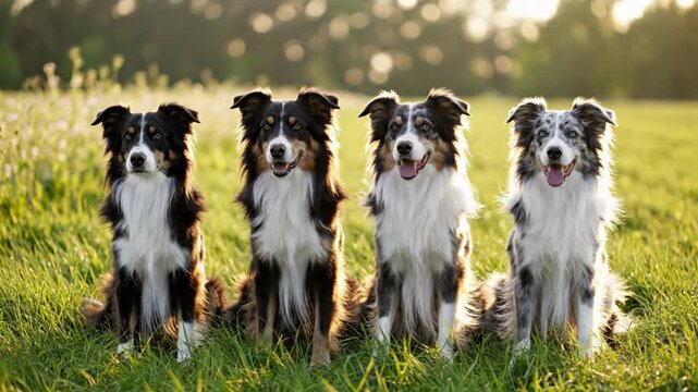 Four happy Australian Shepherds sit patiently in a sun-drenched field, a beautiful display of canine companionship and diverse coat patterns.