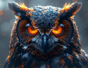 Mysterious owl with glowing orange eyes in a dark environment.