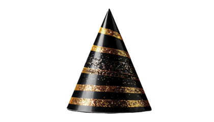 Black party hat with gold glitter spirals and stripes on a black background
