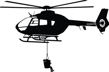 Silhouette of a rescue helicopter hoisting a person in a sling