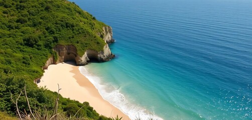 Lush green cliffs meet a pristine sandy cove, gentle waves lap the shore,  secluded,  serene