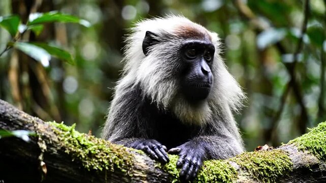 A striking close-up of a white-headed black langur monkey, also known as a Delacour's langur, resting on a mossy tree branch in its natural jungle h...