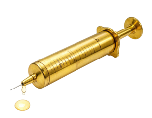 Antique brass syringe with fluid dripping from the needle, on black background