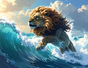A majestic lion with a flowing mane leaps powerfully through a vibrant blue ocean wave under a sunny sky.