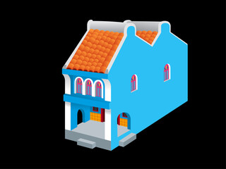3D view of a colorful historical colonial style shop house. Vector, with plain color background.