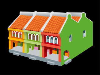 3D view of colorful historical colonial style shop houses. Vector, with plain color background.