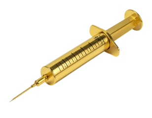 A golden syringe isolated on a stark black background