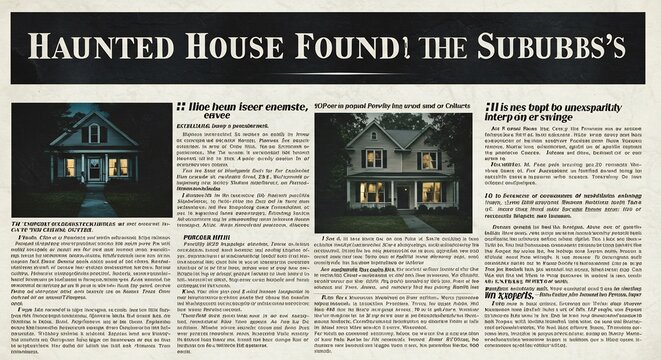 夜の不気味な幽霊屋敷の発見を報じる新聞記事のレイアウト 謎めいた雰囲気と古い紙面の質感が特徴. AI Generated