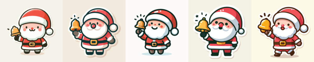 Santa Claus sticker carrying a small bell in his hand. Vector, minimalist, illustration, icon set.