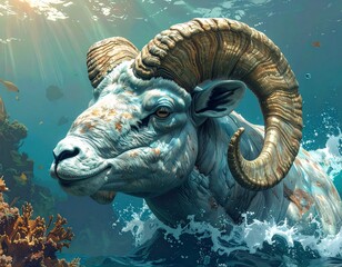 A majestic ram-like creature with large horns emerges from clear blue ocean water, surrounded by coral reefs and illuminated by sunlight.