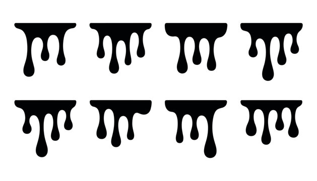Eight black ink drips on white background abstract liquid dripping