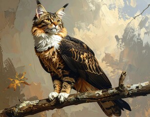 A majestic cat-owl hybrid creature with Maine Coon features perched on a tree branch, painted in a detailed, artistic style.
