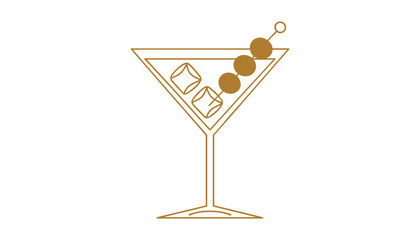 Golden outline martini glass with ice cubes and three olives on skewer cocktail drink