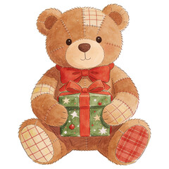 An adorable teddy bear holding a beautifully wrapped gift. This charming illustration is a perfect representation of comfort, joy, and the spirit of giving.