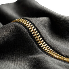 Close-up of a black fabric with a golden zipper detail. or transparent background