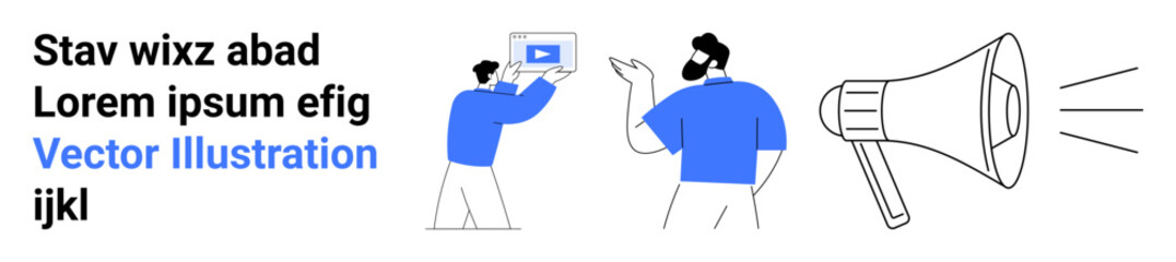 Two people interacting with digital media on a laptop and presenting ideas with a megaphone. Ideal for teamwork, marketing, digital communication, presentations, collaboration, brainstorming, simple