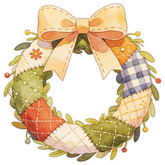 A charming watercolor illustration depicts a festive wreath, artfully crafted with patchwork and adorned with a delicate bow, perfect for adding a touch of rustic elegance to any design.