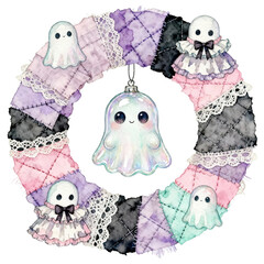 An enchanting wreath adorned with adorable ghost decorations, evoking a sense of whimsical charm and festive cheer. The watercolor painting showcases pastel hues and intricate details.