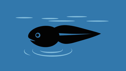 A simple black tadpole with a blue eye swims in blue water.