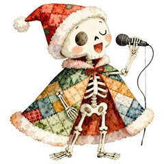 A charming skeleton, adorned in festive Christmas attire, joyfully belts out a tune into a microphone, radiating holiday cheer and musical delight.