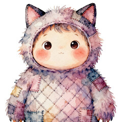 A charming illustration showcases a captivating childlike figure donning a delightful cat-themed costume. The soft watercolor technique enhances the whimsical allure of this enchanting character.