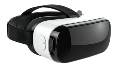 Sleek, white and black VR headset with adjustable strap, isolated