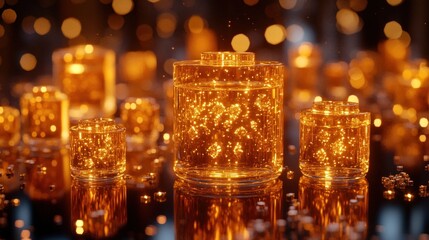 Golden, glowing jars, sparkling liquid