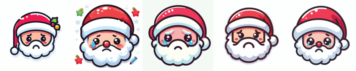 Santa Claus face sticker with sad expression. Vector, minimalist, illustration, icon set.