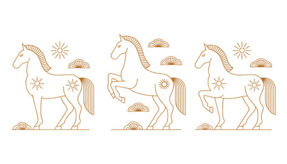 Three stylized brown line horses with sun and cloud motifs on a white background equine animal line outline