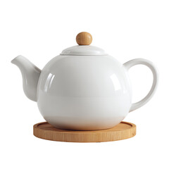 Elegant white teapot with bamboo base for serving hot beverages. or transparent background