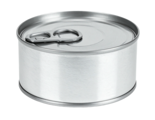 Metallic, cylindrical container with pull-tab opener, isolated on a black backdrop